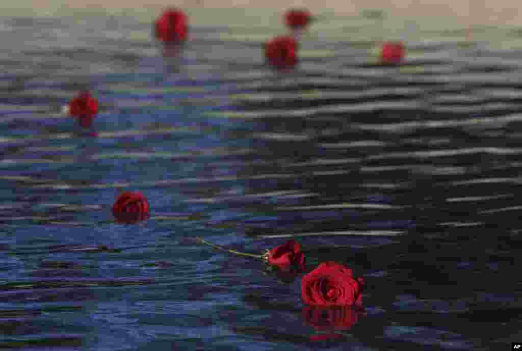 Red roses float in the reflecting pool at the Rodin Museum, in Philadelphia, Pennsylvania, during a ceremony marking the day of the artist&#39;s death.