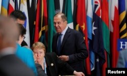 Russia's Foreign Minister Sergey Lavrov arrives at a luncheon for world leaders at the 73rd session of the United Nations General Assembly in New York, Sept. 25, 2018.