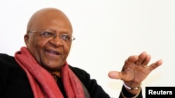 South African Archbishop and Nobel Laureate Desmond Tutu speaks during an interview with Reuters in New Delhi, February 8, 2012. 
