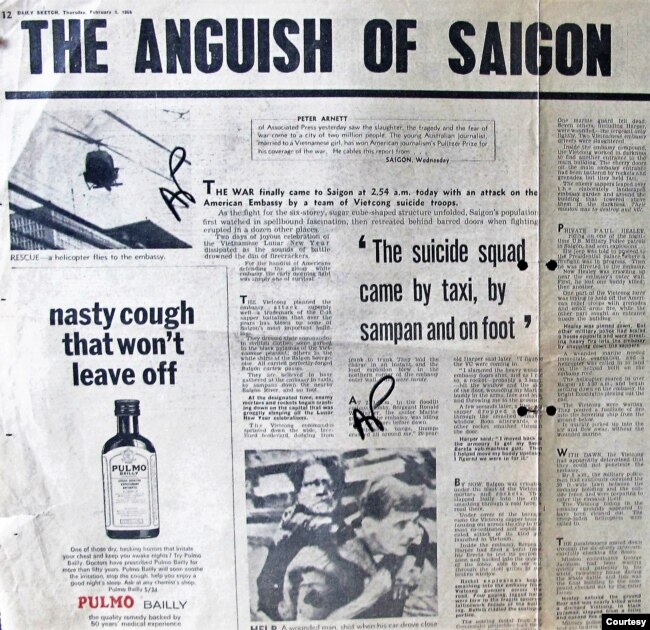 Tường trình của Peter Arnett về Tết Mậu Thân năm 1968 đăng trên AP và nhiều báo Mỹ khác. (Hình: Peter Arnett cung cấp)