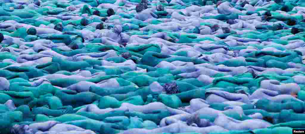 Nude models pose for a photograph by U.S. artist Spencer Tunick, for a project titled "Sea of Hull" in Hull city center, northern England.