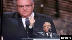 Arizona's Maricopa County Sheriff Joe Arpaio speaks at the Republican National Convention in Cleveland, Ohio, July 21, 2016. President Donald Trump pardoned former sheriff less than a month he was convicted of criminal contempt in a case involving his department's racial profiling policy.