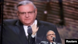 FILE - Joe Arpaio speaks at the Republican National Convention in Cleveland, Ohio, July 21, 2016. 