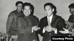 This undated photo shows Ieng Sary with Norodom Sihanouk in Phnom Penh, Cambodia. (Documentation Center of Cambodia Archive)