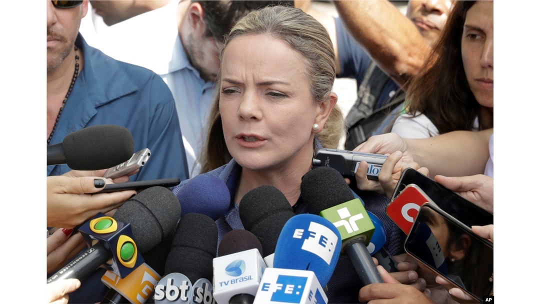 Worker's Party President and Brazilian Sen. Gleisi Hoffmann, speaks with journalists after meeting with former President Luiz Inacio Lula da Silva at the Lula Institute in Sao Paulo, Brazil, April 5, 2018.