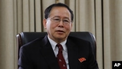 Han Song Ryol, director-general of the U.S. affairs department at North Korea's Foreign Ministry, talks during an interview with the Associated Press in Pyongyang, North Korea, July 28, 2016.