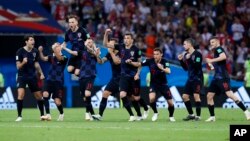 Croatian national soccer team players celebrate after winning the quarterfinal match between Russia and Croatia at the 2018 World Cup in Fisht Stadium, Sochi, Russia, July 7, 2018.
