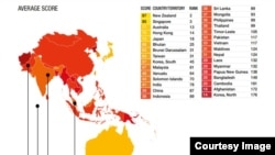 Peringkat IPK tahun 2018 untuk Kawasan Asia-Pasifik: Indonesia berada di peringkat 89, masih di bawah Singapura, Malaysia, India dan China, namun di atas Filipina dan Thailand. (Courtesy: Transparency International).