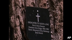 A small bronze plaque on the tree lists the people buried there as well as their dates of birth and when they died.