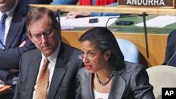 US UN Ambassador Susan Rice speaks in the UN General Assembly at UN headquarters in New York after a vote to suspend Libya from the UN Human Rights Council, March 1, 2011