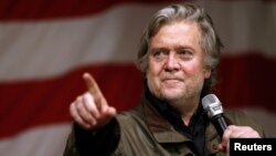 FILE - Former White House Chief Strategist Steve Bannon speaks during a campaign event for Republican candidate for U.S. Senate Judge Roy Moore in Fairhope, Alabama, Dec. 5, 2017. 
