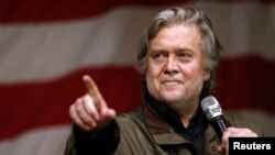 FILE - Former White House Chief Strategist Steve Bannon speaks during a campaign event for a Republican candidate, Dec. 5, 2017.
