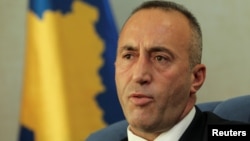 FILE - Kosovo's Prime Minister Ramush Haradinaj is pictured in Pristina, Oct. 16, 2017. He says the arrests, visa revocations and deportations of six Turkish citizens in Kosovo constituted an extrajudicial act.