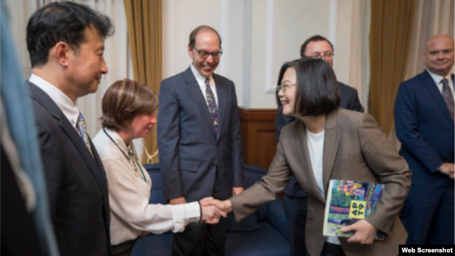 台湾总统蔡英文2019年8月21日在总统府接见参加“凯达格兰论坛”的美国国家利益中心中国及太平洋计划资深主任葛瑞森一行。（台湾总统府照片）