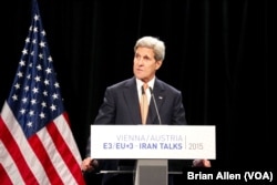 U.S. Secretary of State John Kerry discusses details of the historic nuclear deal reached by Iran and six major world powers, capping more than a decade of on-off negotiations, in Vienna, Austria, July 14, 2015.