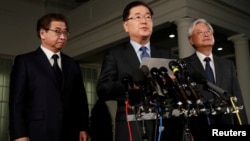 South Korea's National Security Office head Chung Eui-yong, center, Cho Yoon-je, the South Korean Ambassador to the U.S., right, and National Intelligence Service chief Suh Hoon, left, make an announcement about North Korea and the Trump administration outside the White House.