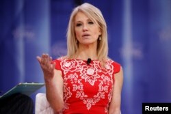 FILE - White House Counselor Kellyanne Conway speaks at the Conservative Political Action Conference (CPAC) at National Harbor, Maryland, Feb. 23, 2018.