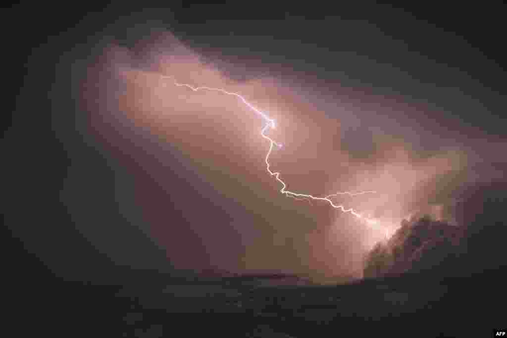 Lightning flash across the sky over Hanover, central Germany.