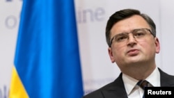 FILE - Ukrainian Foreign Minister Dmytro Kuleba speaks in Kyiv, Ukraine, Jan. 19, 2022.