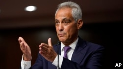 FILE U.S. Ambassador to Japan nominee Rahm Emanuel speaks during a hearing to examine his nomination before the Senate Foreign Relations Committee on Capitol Hill in Washington, Wednesday, Oct. 20, 2021.