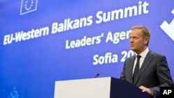 European Council President Donald Tusk speaks during a media conference prior to an EU-Western Balkans summit at the National Palace of Culture in Sofia, Bulgaria, May 16, 2018.