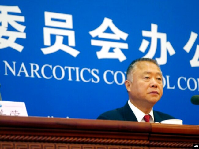中国国际禁毒委员会副主任刘跃进在记者会上。（2019年9月3日）