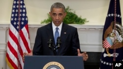 President Barack Obama speaks in the Roosevelt Room of the White House in Washington, June 24, 2015, about the completion of the Hostage Policy Review. (AP Photo/Carolyn Kaster)