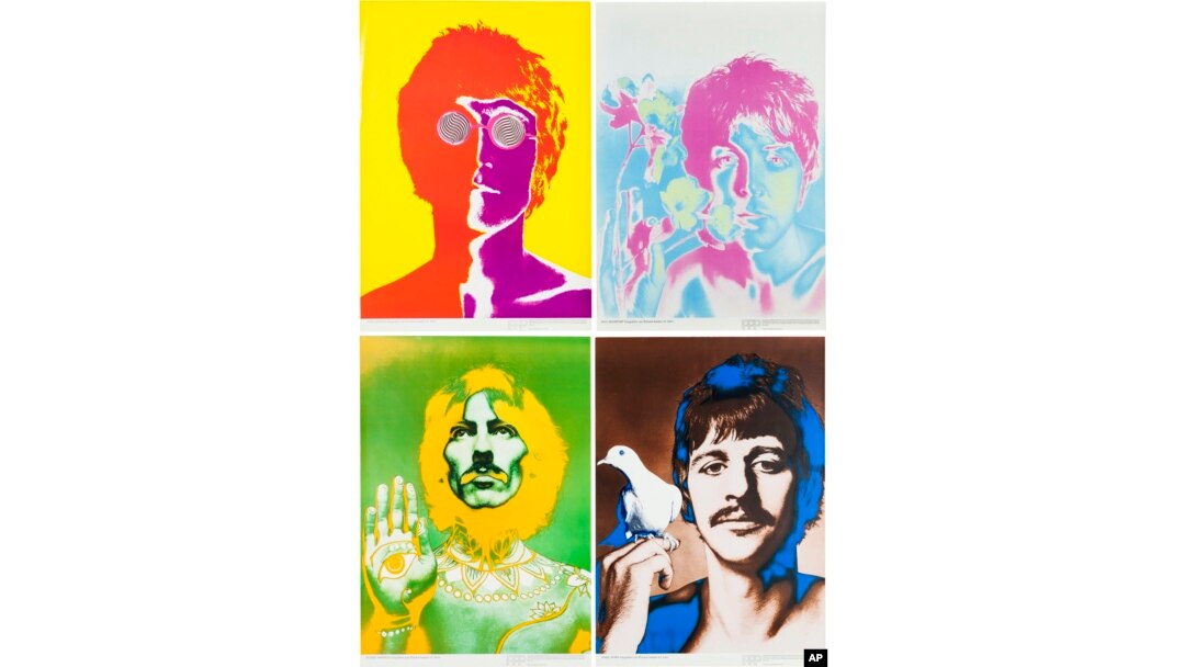 This undated photo provided by Heritage Auctions from an upcoming Beatles collection sale shows a set of four psychedelic posters by Richard Avedon commissioned by the German magazine Stern in 1966, which will be auctioned in New York on Sept. 19.