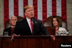 President Donald Trump delivered the State of the Union address, with Vice President Mike Pence and Speaker of the House Nancy Pelosi, at the Capitol in Washington, Feb. 5, 2019.