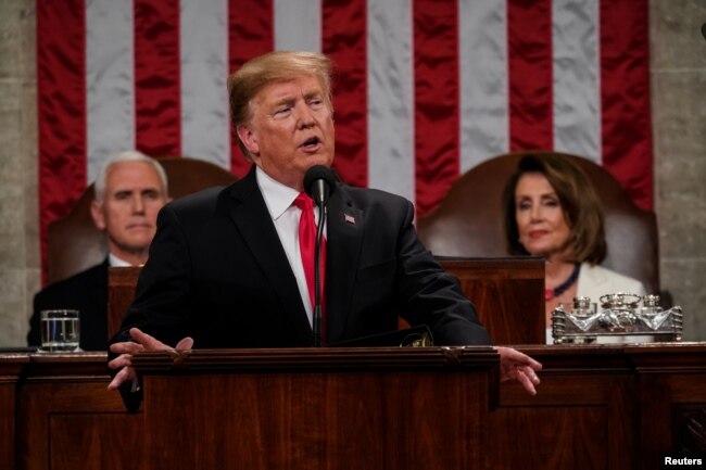 President Donald Trump delivered the State of the Union address, with Vice President Mike Pence and Speaker of the House Nancy Pelosi, at the Capitol in Washington, Feb. 5, 2019.