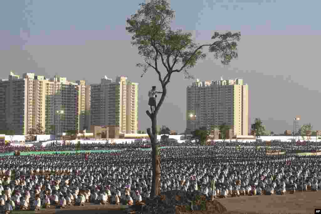 A member of the Hindu nationalist Rashtriya Swayamsevak Sangh (RSS) or the National Volunteers Association keeps watch from the top of a tree as others sit on the ground during their daylong camp on the outskirts of Pune, Maharashtra state, India.