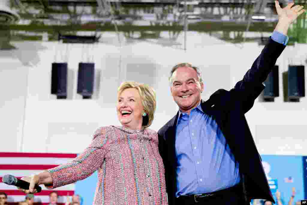 Democratic presidential candidate Hillary Clinton and Sen. Tim Kaine, participate in a rally at Northern Virginia Community College in Annandale, Virginia, July 14, 2016.&nbsp;Clinton has chosen Kaine to be her running mate in the 2016 presidential election.