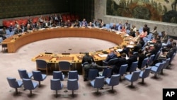 FILE - The United Nations Security Council meeting last year to discuss North Korea at UN headquarters. An unpublished report by UN experts says North Korea is believed to have sent equipment to Syria that could be used to make chemical weapons. It also says that North Korea has sent missile technology to Myanmar.