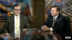 Opposition leaders Sam Rainsy and Kem Sokha in VOA Studio in Washington, DC.