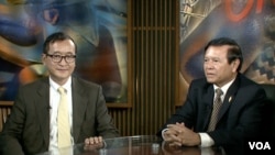 Opposition leaders Sam Rainsy and Kem Sokha in studio interviews with VOA Khmer in Washington, DC