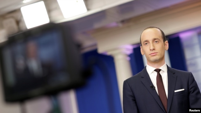 FILE - Stephen Miller, then a senior White House adviser, is pictured in the White House briefing room in Washington, Feb. 12, 2017.