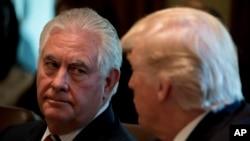 FILE - Secretary of State Rex Tillerson listens as President Donald Trump speaks during a Cabinet meeting at the White House in Washington, June 12, 2017.