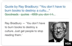 Câu trích dẫn của Ray Bradbury (DOB) "You don't have to burn books to destroy a culture. Just get people to stop reading them." bên cạnh là chân dung tác giả. [nguồn: internet, sưu tầm Ngọc Dung]