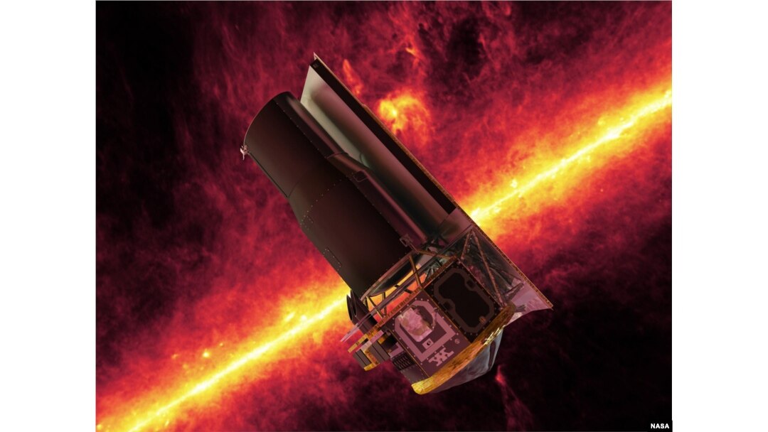 The Spitzer Space Telescope whizzes in front of a brilliant, infrared view of the Milky Way galaxy's plane in this artistic depiction. (NASA/JPL)