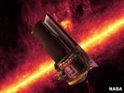 The Spitzer Space Telescope whizzes in front of a brilliant, infrared view of the Milky Way galaxy's plane in this artistic depiction. (NASA/JPL)