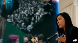 Ilyasah Shabazz, daughter of Malcolm X, speaks at a New York gathering about her father and family on the anniversary of his death, Feb. 21, 2015.