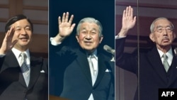 Kombinasi foto 3 April 2019, dari kiri Putra Mahkota Jepang Naruhito pada 2 Januari 2011, Kaisar Akhito (tengah) pada 2 Januari 2019 dan mendiang Kaisar Hirohito pada 2 Januari 986. 