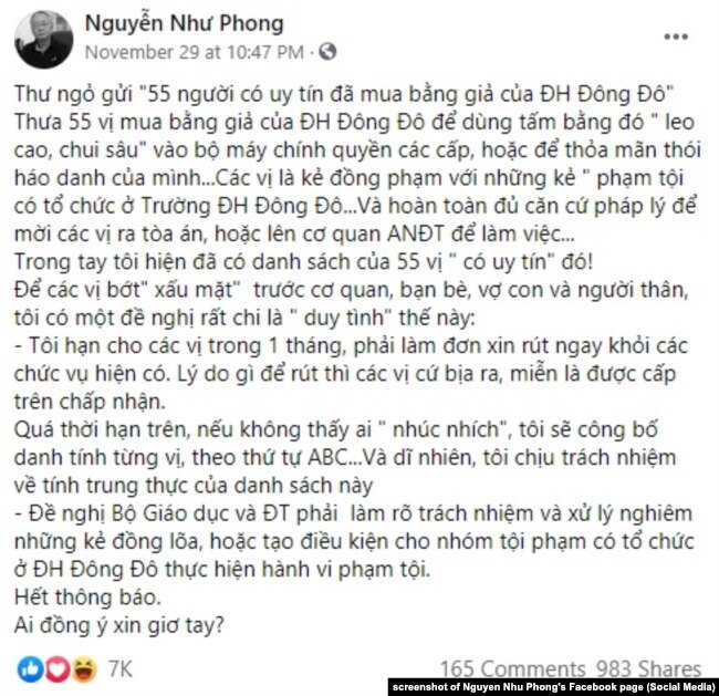 "Tối hậu thư" của nhà báo-nhà văn Nguyễn Như Phong gửi đến 55 người dùng bằng giả (ảnh chụp màn hình hôm 1/12/2020)