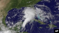 This NOAA satellite image shows shower and thunderstorm activity developing around an area of low pressure spinning in the Gulf of Mexico, June 23, 2012.