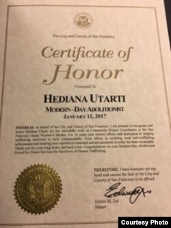 Penghargaan anti perdagangan manusia untuk Hediana Utarti di San Francisco (dok: Hediana Utarti)