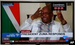 In this frame-grab from South African Boroadcasting Corporation state-run television President Jacob Zuma is interviewed, Feb. 14, 2018.