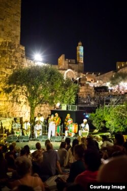 Vivien Jones and Drums of Defiance perform at the medieval fortress, the Tower of David, in the heart of Old Jerusalem. (Courtesy Noam Chojnowski/Jerusalem Season of Culture)