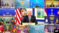 In this image released by Brunei ASEAN Summit, U.S. President Joe Biden speaks in the virtual meeting of Association of Southeast Asian Nations summit with the leaders members states on Oct. 26, 2021.