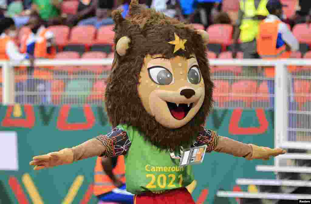 The tournament mascot Mola the lion is seen inside the stadium during the match Cape Verde vs Cameroon in Cameroon - Jan. 17, 2022.