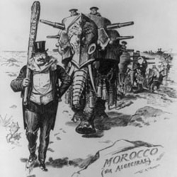 A cartoon from Harper's Magazine shows President Roosevelt carrying his "big stick" while trying to end a dispute of European powers over Morocco